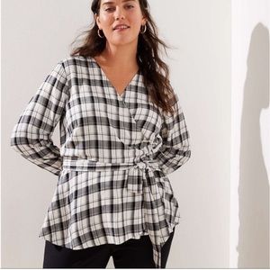 Ann Taylor LOFT Surplice Monochrome Plaid Wrap Blouse Business Casual